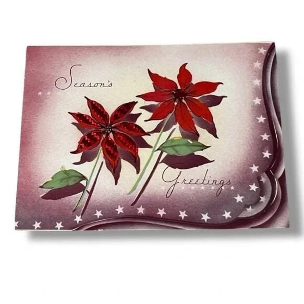 Seasons Greetings Two Poinsettias Vintage Christmas Card EBX
